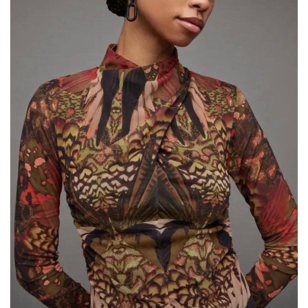 ALL SAINTS long sleeve Mesh Dress Elegant Multicolor Patterned Dress NEW - Picture 4 of 8